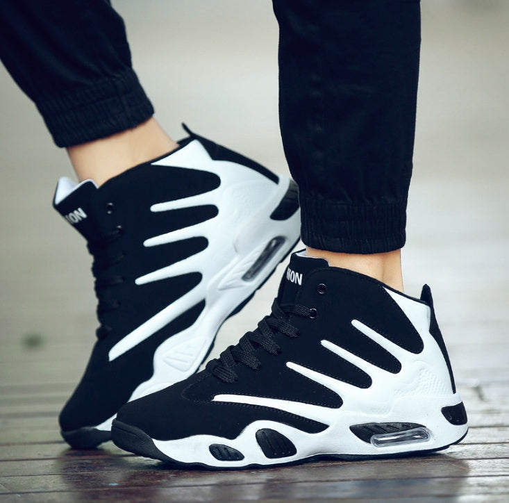 Men’s black and white air-cushion performance running shoes with breathable design — Trend Step