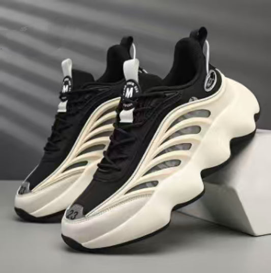 “Men’s black thick-sole designer dad sneakers with sculpted wave platform – Trend Step”