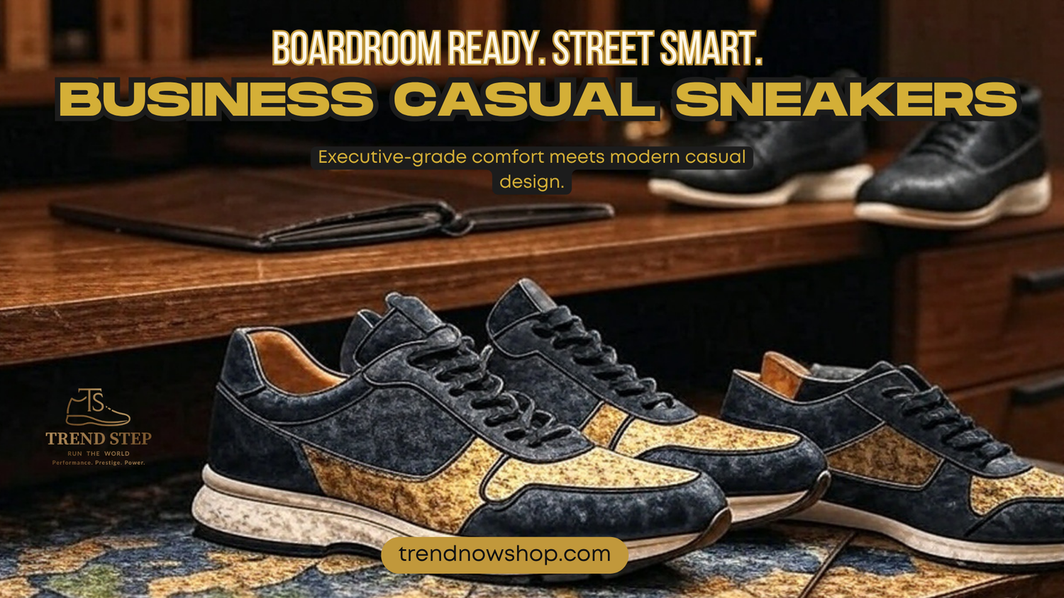 Business casual sneakers in an executive workspace, blending premium comfort with professional style. Trendstep