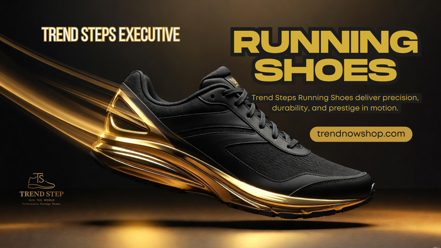 Premium black and gold running shoe in motion with luxury performance design for professionals. Trendstep