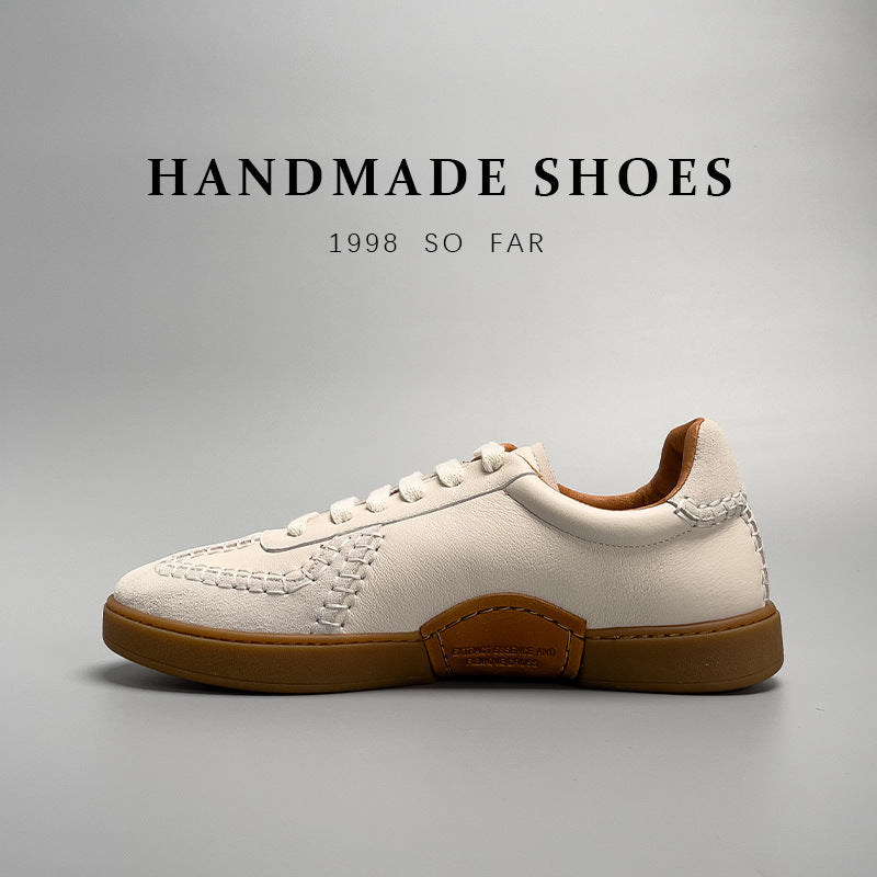 Handcrafted genuine leather low-cut men’s lifestyle sneakers in beige with rubber sole — Trend Step luxury footwear