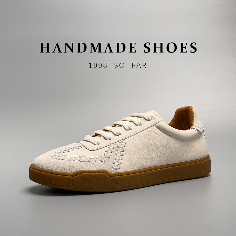 Handcrafted genuine leather low-cut men’s lifestyle sneakers in beige with rubber sole — Trend Step luxury footwear
