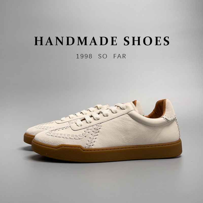 Handcrafted genuine leather low-cut men’s lifestyle sneakers in beige with rubber sole — Trend Step luxury footwear