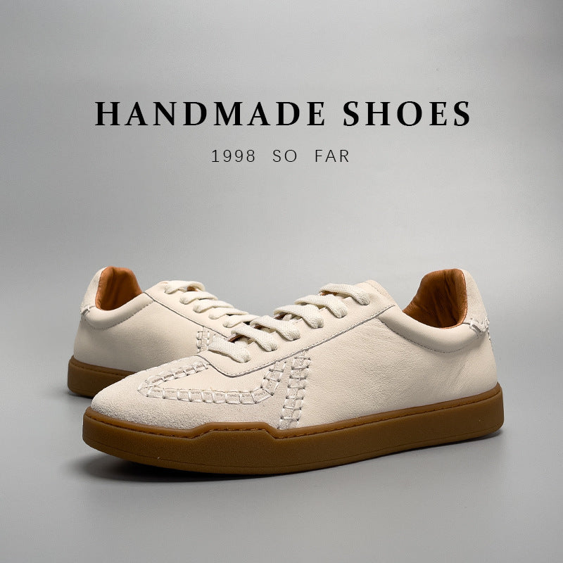 Handcrafted genuine leather low-cut men’s lifestyle sneakers in beige with rubber sole — Trend Step luxury footwear