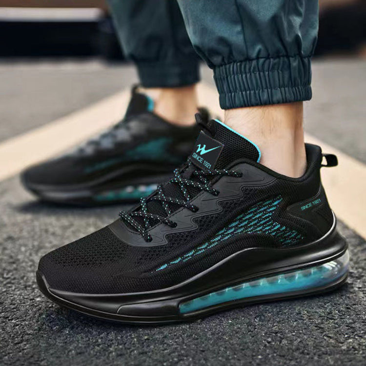 Men’s air-cushion slip-on mesh running shoes in black and teal with cushioned sole — Trend Step