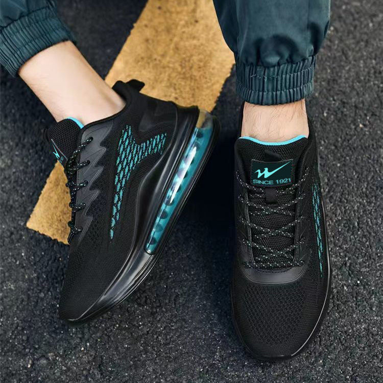  Men’s air-cushion slip-on mesh running shoes in black and teal with cushioned sole — Trend Step