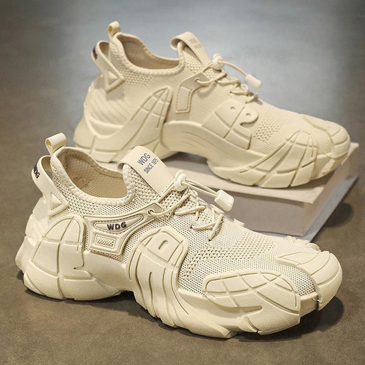 “Men’s beige fly-woven mesh thick-sole streetwear sneakers — Trend Step performance footwear”
