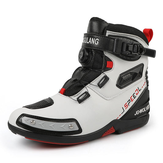 “Men’s waterproof knight-style motorcycle boots in black and white with ankle protection and non-slip sole – Trend Step”