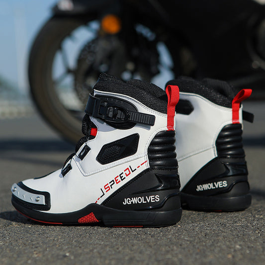 “Men’s waterproof knight-style motorcycle boots in black and white with ankle protection and non-slip sole – Trend Step”