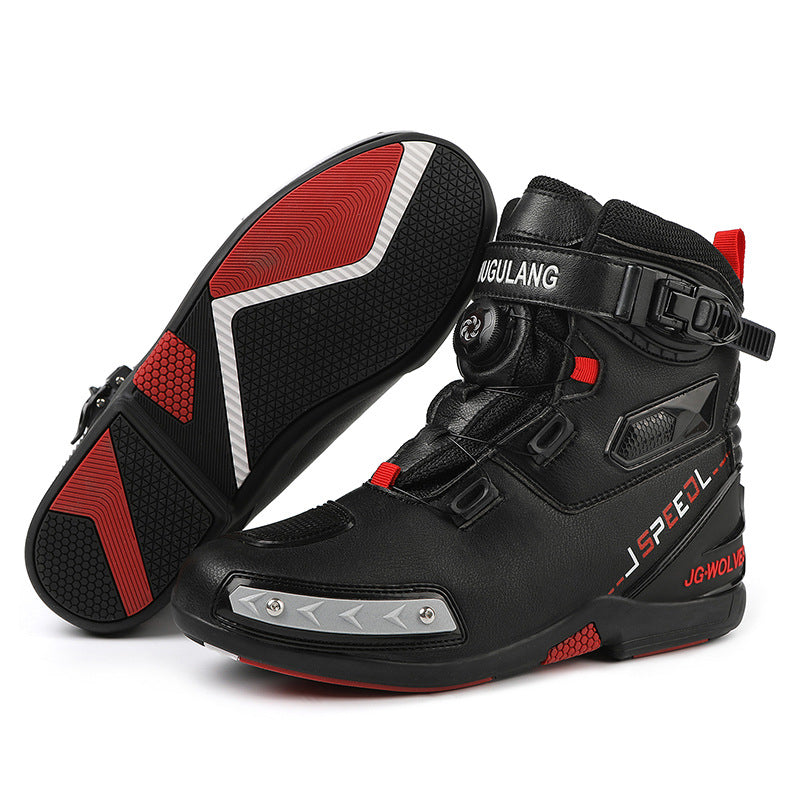 “Men’s waterproof knight-style motorcycle boots in black and white with ankle protection and non-slip sole – Trend Step”