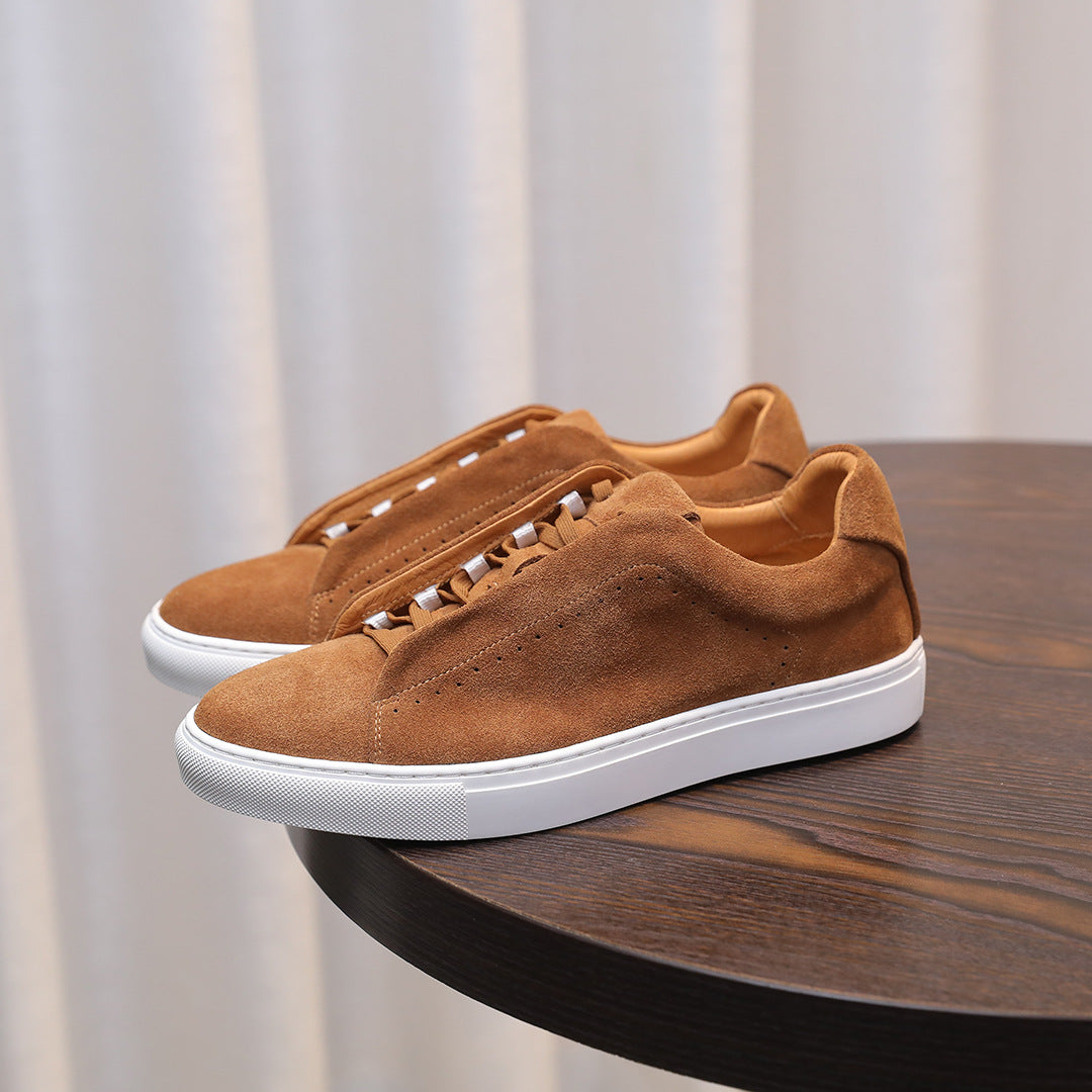 Men’s premium suede leather lifestyle sneakers in dark brown with white sole — Trend Step