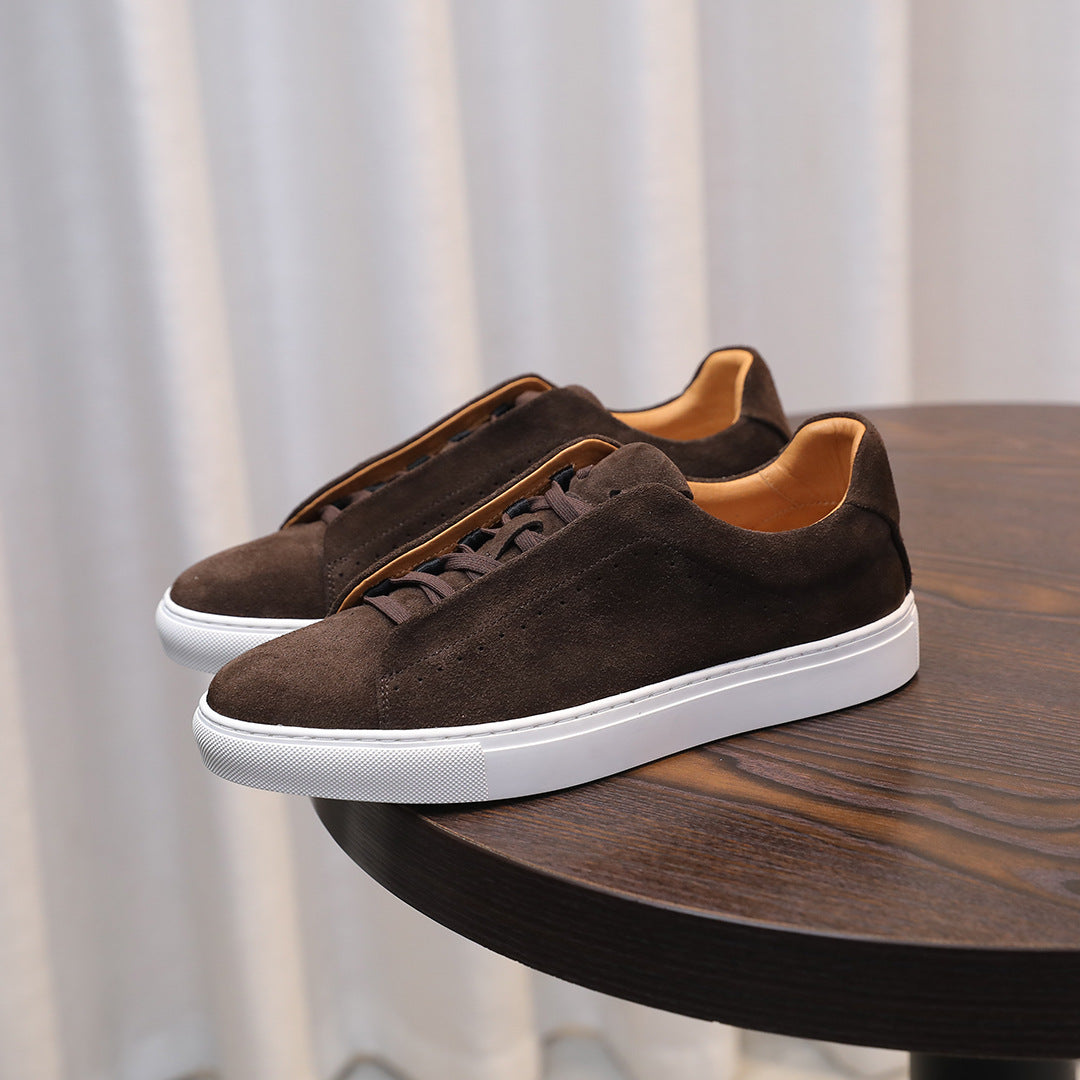 Men’s premium suede leather lifestyle sneakers in dark brown with white sole — Trend Step