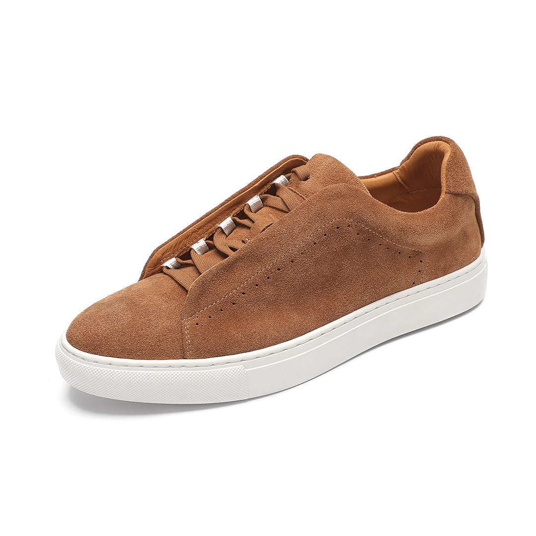 Men’s premium suede leather lifestyle sneakers in dark brown with white sole — Trend Step