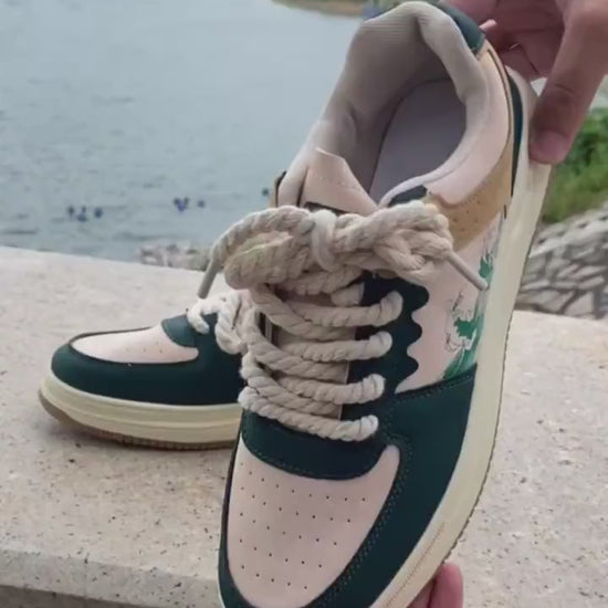 Men’s soft thick-sole lifestyle sneakers in green and beige color-block design — Trend Step