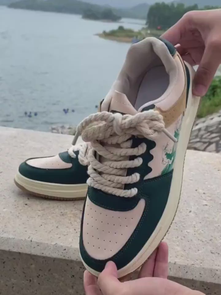 Men’s soft thick-sole lifestyle sneakers in green and beige color-block design — Trend Step