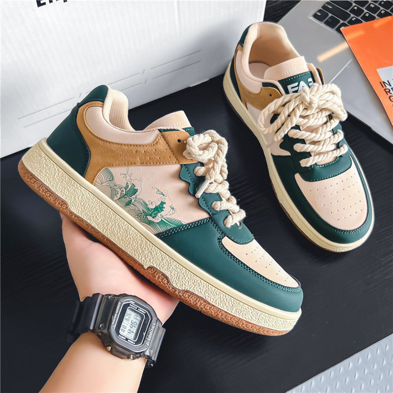 Men’s soft thick-sole lifestyle sneakers in green and beige color-block design — Trend Step