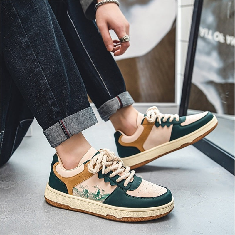 Men’s soft thick-sole lifestyle sneakers in green and beige color-block design — Trend Step