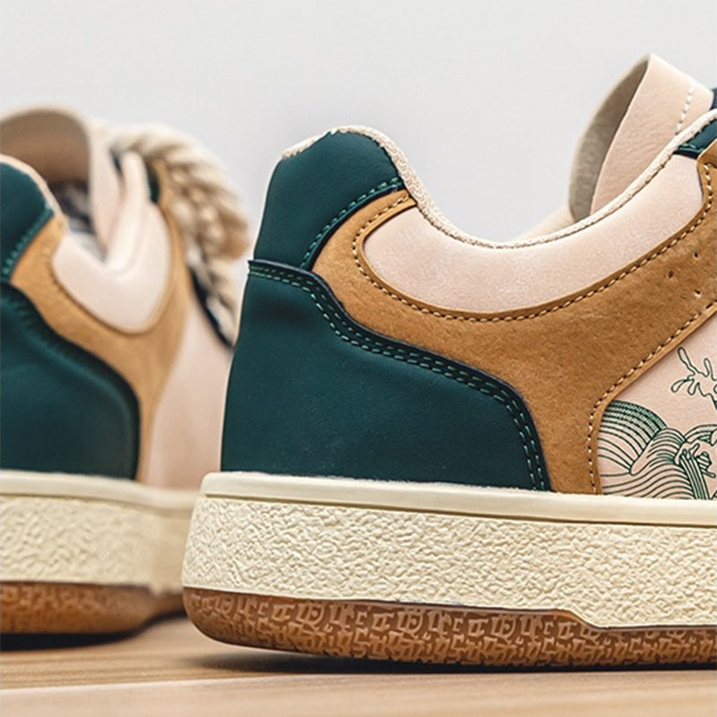 Men’s soft thick-sole lifestyle sneakers in green and beige color-block design — Trend Step