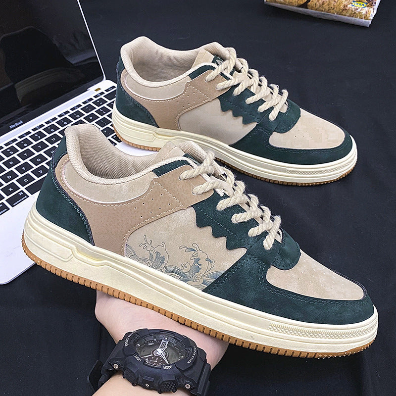Men’s soft thick-sole lifestyle sneakers in green and beige color-block design — Trend Step