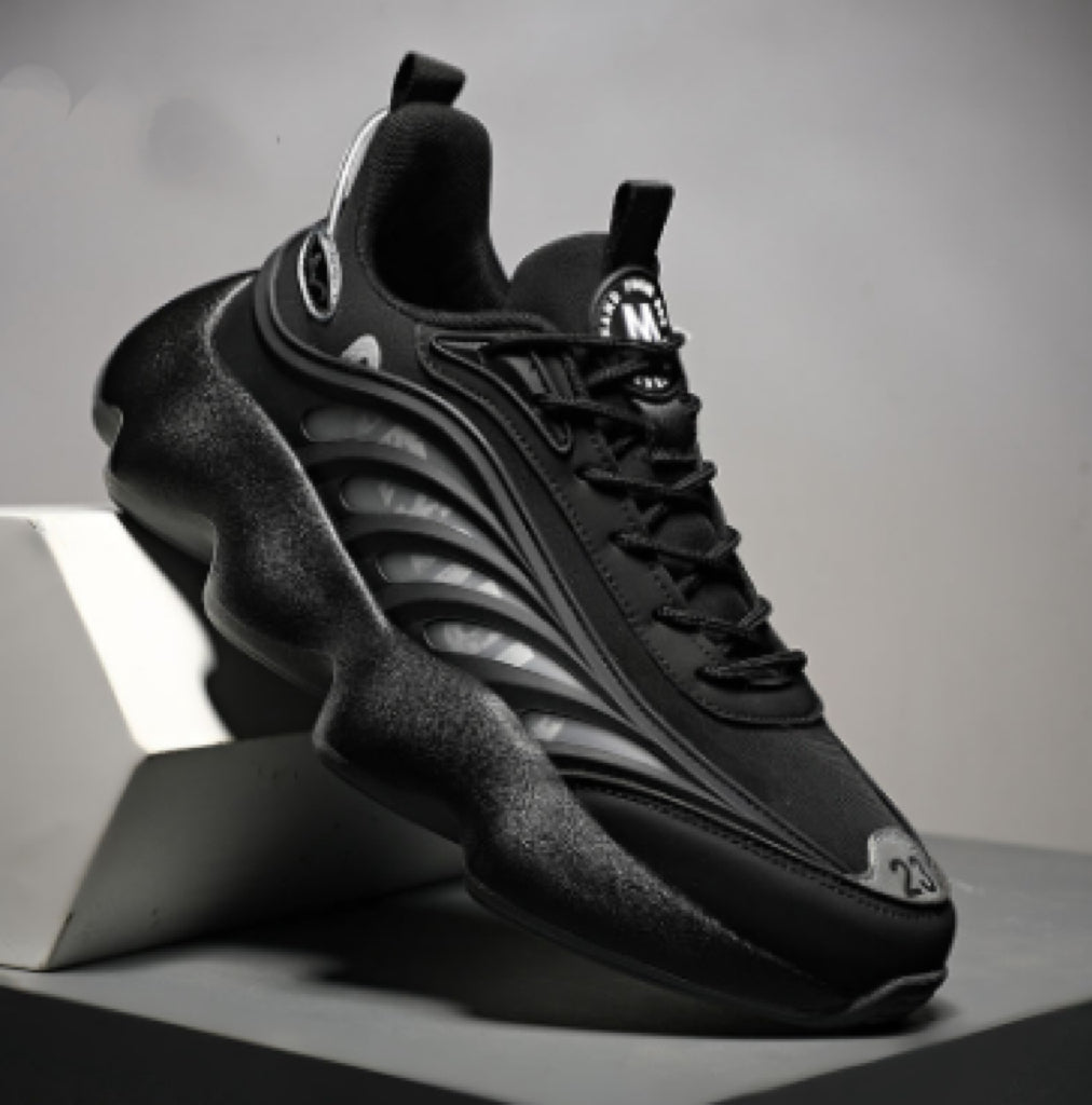 “Men’s black thick-sole designer dad sneakers with sculpted wave platform – Trend Step”