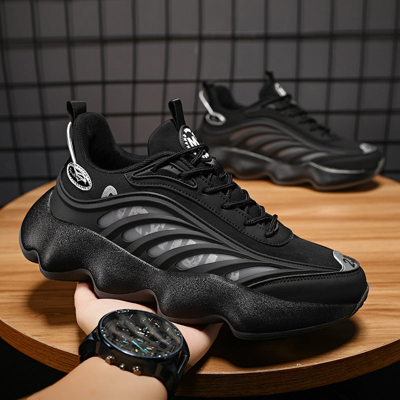 “Men’s black thick-sole designer dad sneakers with sculpted wave platform – Trend Step”