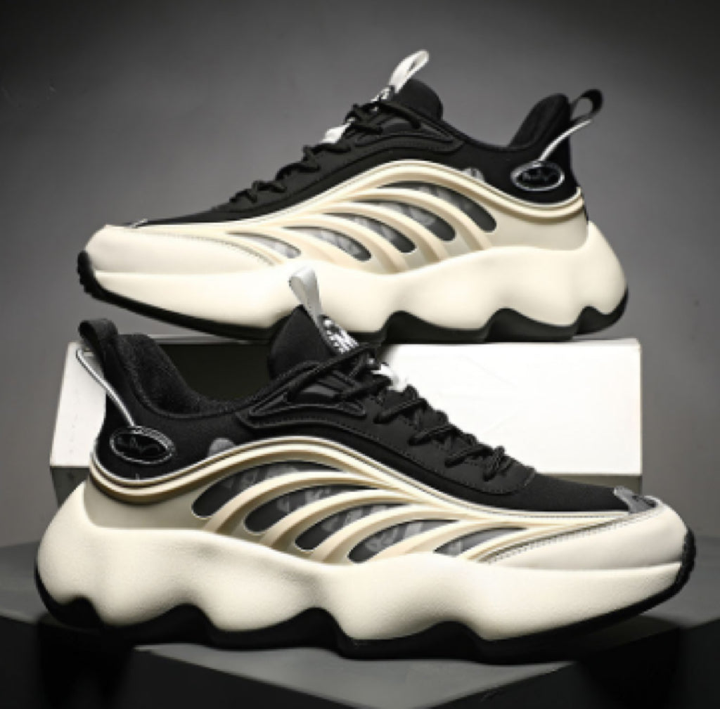 “Men’s black thick-sole designer dad sneakers with sculpted wave platform – Trend Step”