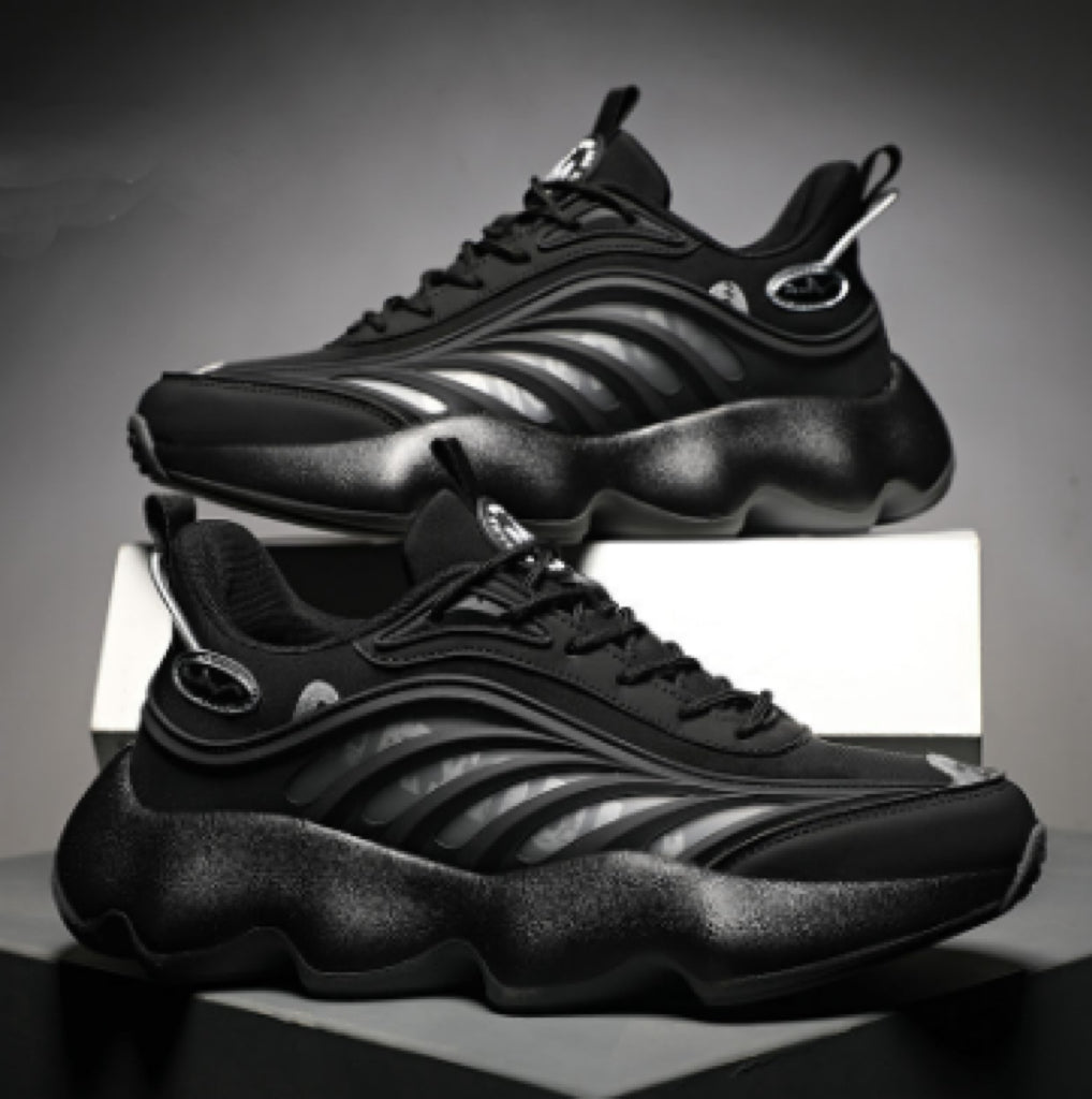 “Men’s black thick-sole designer dad sneakers with sculpted wave platform – Trend Step”